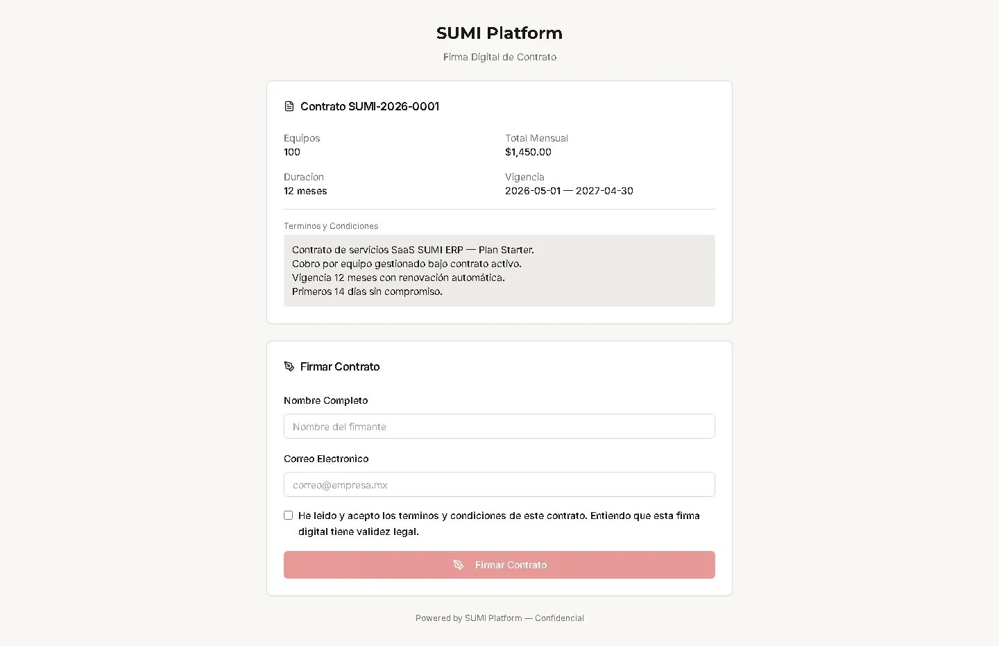 Pantalla de firma digital de un contrato SUMI mostrando número de contrato, términos, cantidad de equipos, total mensual y formulario para firmar con nombre y correo del firmante.