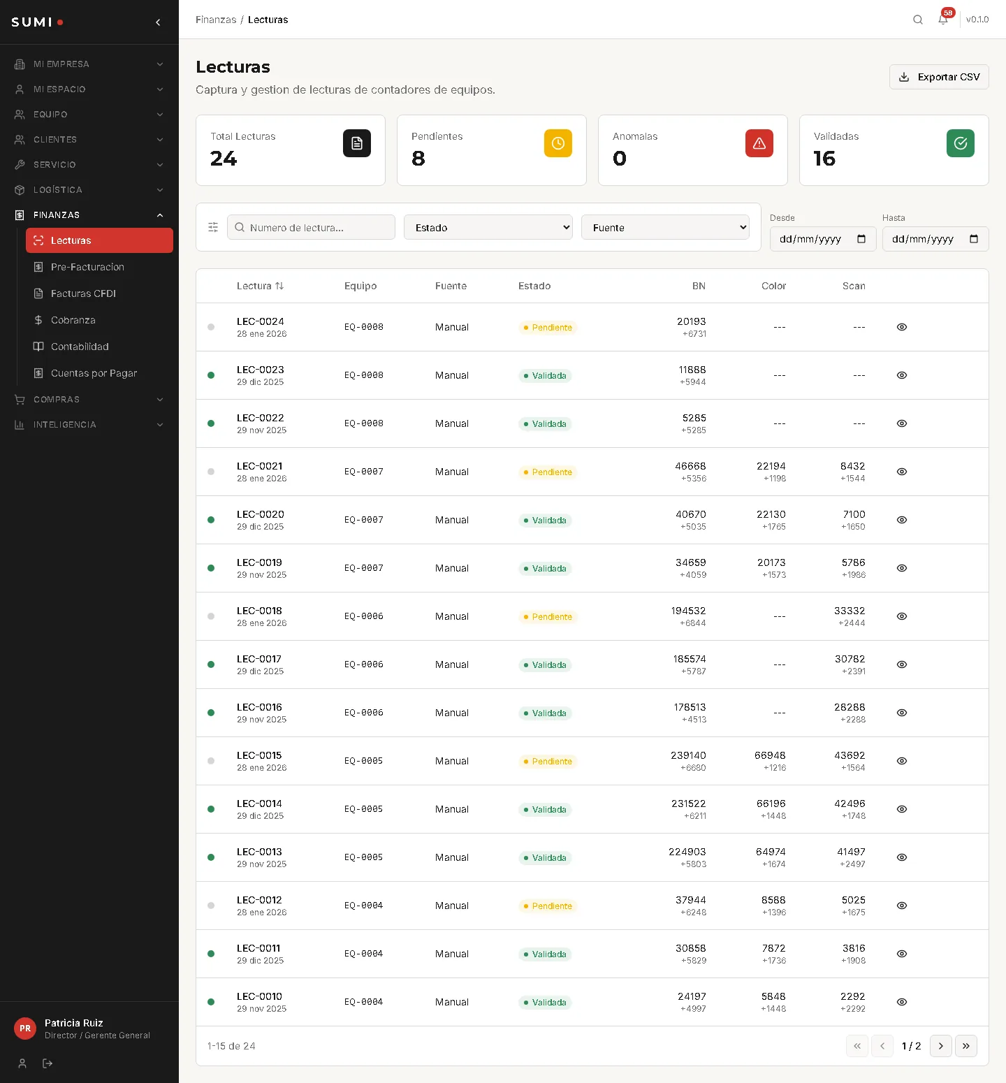 Listado de lecturas de equipos en SUMI con fecha, contador blanco y negro, contador color y estado de validación.