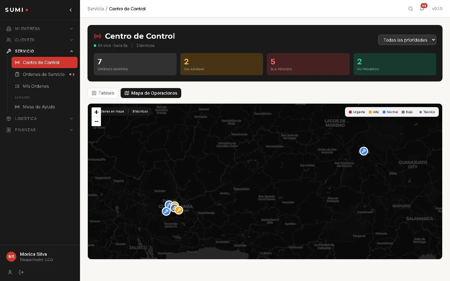 Centro de Control de Operaciones SUMI con KPIs de órdenes abiertas, tablero kanban por estado y panel de técnicos disponibles.